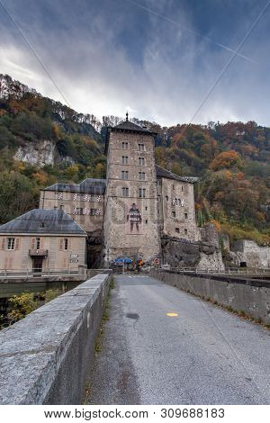 St. Maurice Fortress, Switzerland - October 27, 2015: Frontal View Of St. Maurice History Fortress, 