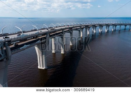 Aerial View Of The Bridge With Cars Through The High-speed Way. Highway Road Line. Highway. Zsd, Wes