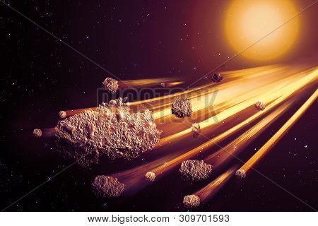 Sci-fi Fantastic Background - Burning And Exploding Stars, Hell, Asteroid Impact, Glowing Horizon. D