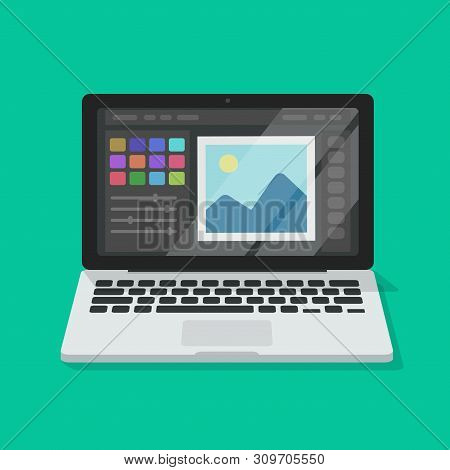 Photo Or Graphic Editor On Computer Vector Illustration, Flat Cartoon Laptop Screen With Design Or I