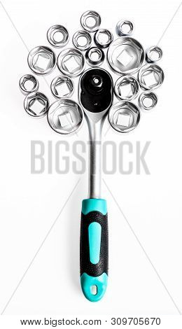 Ratchet Wrench. Steel Made No Skid Threaded Handle Without Slipping. Universal Socket Set White Back