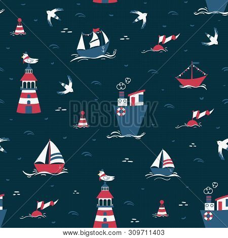Wonderful Seamless Pattern Wit Cartoon Boats, Gulls And Lighouse. Marine Dark Background. Vector Pri