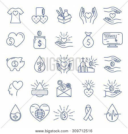 Donation And Charity Icons Line Big Set. Money And Blood, Food Donation. Editable Stroke. Vector Ill