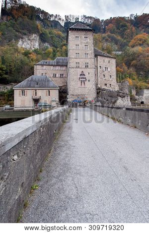 St. Maurice Fortress, Switzerland - October 26, 2015: Frontal View Of St. Maurice History Fortress, 
