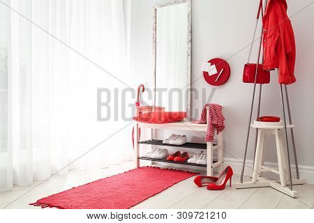Cozy Stylish Hallway Interior With Shoe Rack And Mirror, Space For Text. Home Design Idea