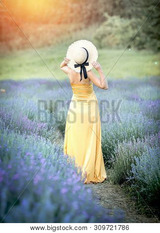 Young Girl Waiting For A Baby Walks In Lavender