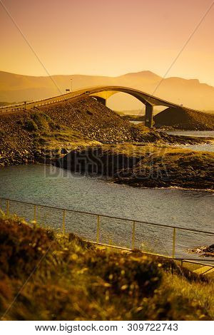 World Famous Atlantic Road Bridge Atlanterhavsvegen In Norway Europe. Norwegian National Scenic Rout
