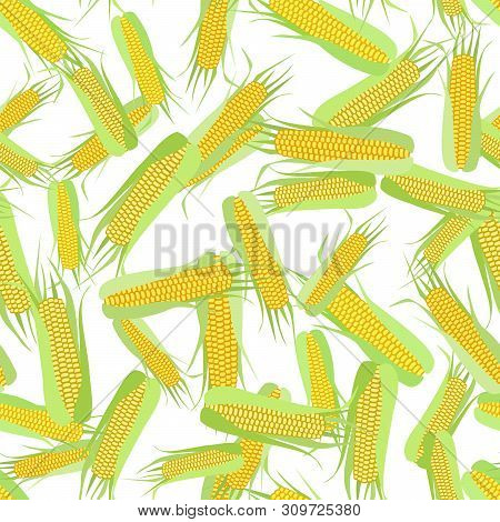 Seamless Pattern Of Corn Cobs On A White Background.  Summer, Autumn Seamless Pattern With Mess From