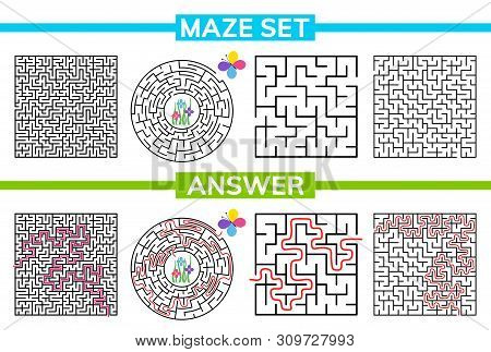 Maze, Labyrinth Conundrum For Kids. Maze Set, Collection Labyrinth. Children Puzzle Game. Vector Sto