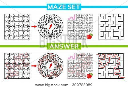 Maze, Labyrinth Conundrum For Kids. Maze Set, Collection Labyrinth. Children Puzzle Game. Vector Sto