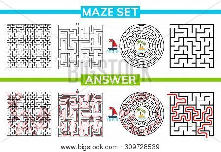 Maze, Labyrinth Conundrum For Kids. Maze Set, Collection Labyrinth. Children Puzzle Game. Vector Sto