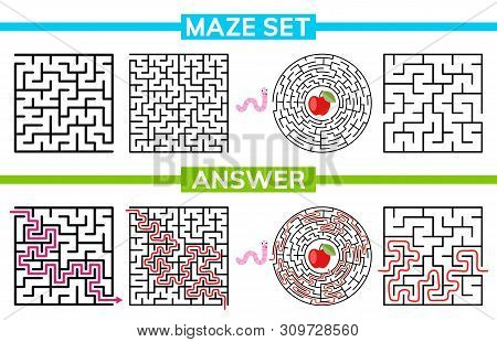 Maze, Labyrinth Conundrum For Kids. Maze Set, Collection Labyrinth. Children Puzzle Game. Vector Sto