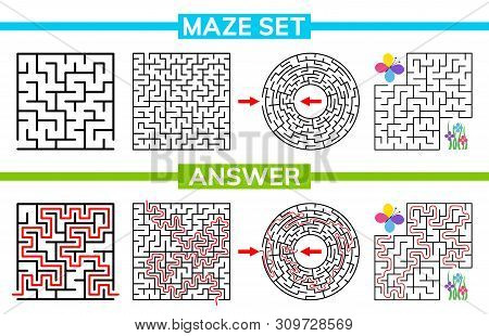 Maze, Labyrinth Conundrum For Kids. Maze Set, Collection Labyrinth. Children Puzzle Game. Vector Sto