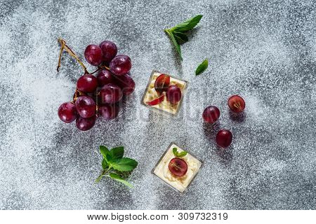 Panakota Grape Dessert Berry Refreshment Tasty. Breakfast Meal Cooked Sweetened Cream With Slice Rip