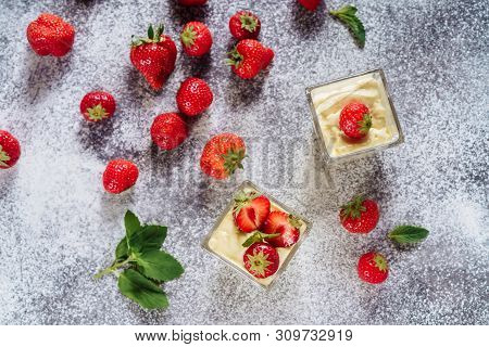Strawberry Panakota Italian Milk Sweet Dessert . Summer Healthy Refreshment Meal Cooked Cream With R