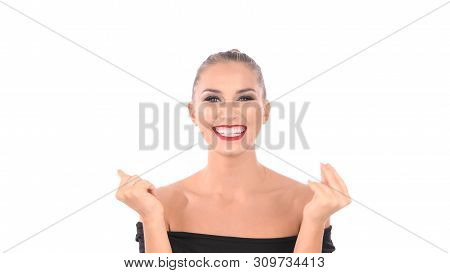 Beauty Concept. The Girl Is Sending Kisses On A White Background.