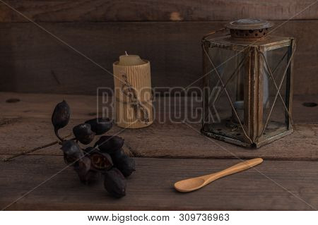Nerja, Malaga, Spain - April 28, 2019: Dark-style Bodegon With Various Rustic Objects Like A Small L