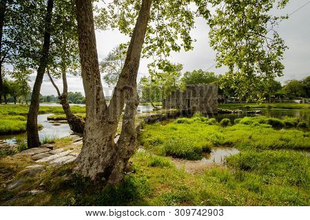 Amares, Portugal - June 20, 2019 : Ruins Of A Mill On The Green Banks Of The River Cávado In Braga, 