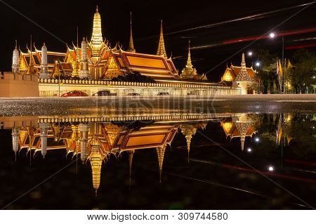 Beautiful Image Of Wat Phra Keaw And Grand Palace Landmark Of Bangkok, Thialand During Rainy Season 