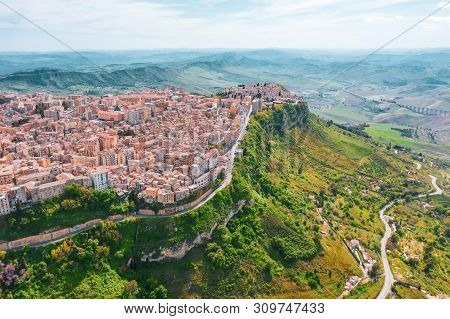 The Town Of Enna Italy Sicily On A Hillside Cliff, Aerial View