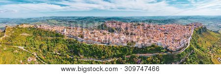 Panoramic View Of The Hills, The Town Of Enna On The Valley With Green Meadows And Forests In Sicily
