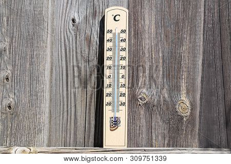 Thermometer Shows High Temperatures Of Hot Summer