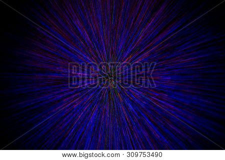 Natural Lens Zoom Explosion Radial Blurred Red Green Blue Dots On Black Background With Selective Fo