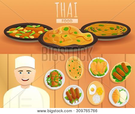 Thai Food Banner Set. Cartoon Illustration Of Thai Food Vector Banner Set For Web Design