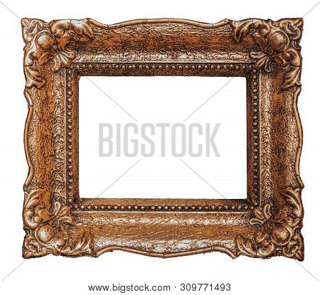 Empty Copper Ornate Picture Frame With White Background - Stock Image