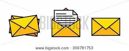 Flat Yellow Envelope. Mail Icon Set In Flat Style - Stock Vector.