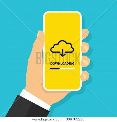 Hand Holding Smartphone With Download File Button From Cloud On Screen. Loading Process Concept - St