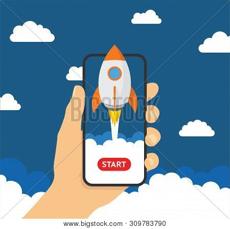 Hand Holding Smartphon With Launch Rocket On The Screen - Stock Vector.
