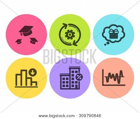 Cogwheel, Throw Hats And Decreasing Graph Icons Simple Set. Loan House, Gift Dream And Stock Analysi