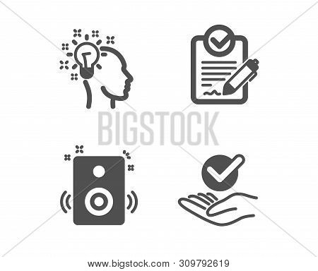 Set Of Rfp, Idea And Speakers Icons. Approved Sign. Request For Proposal, Creative Designer, Sound. 