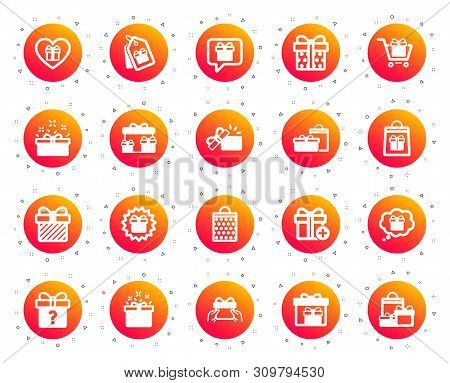 Gift Icons. Present Box, Offer And Sale. Shopping Cart, Tag And Chat. Speech Bubble, Give A Gift Box