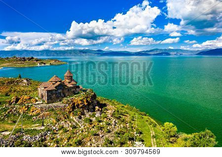Aerial View Of Hayravank Monastery On The Shores Of Lake Sevan In Armenia