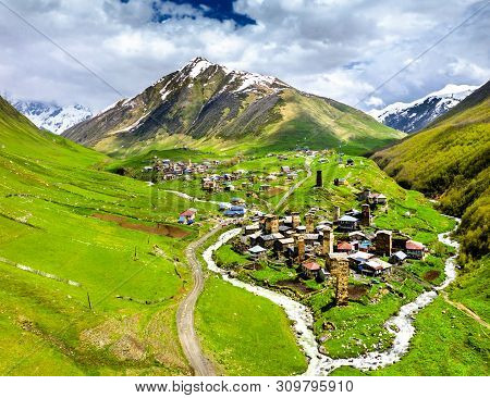 Aerial View Of Chazhashi And Ushguli Villages With Typical Tower Houses. Unesco World Heritage In Up