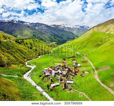 Aerial View Of Murkmeli Village With Typical Tower Houses. Upper Svaneti, Georgia