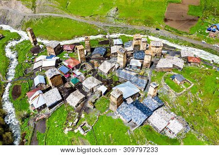 Aerial View Of Chazhashi Village With Typical Tower Houses. Upper Svaneti, Georgia