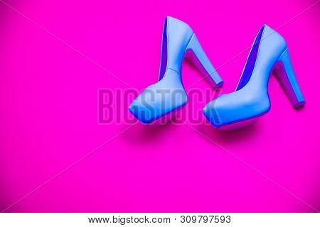 Blue High Heeled Shoes, Pink Purple Background, Top View Concept, Heels Walking