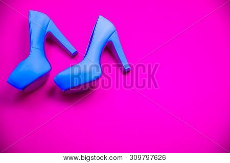 Blue High Heeled Shoes, Pink Purple Background, Top View Concept, Heels Walking