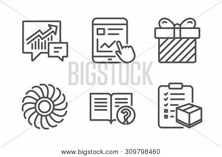 Surprise, Fan Engine And Internet Report Icons Simple Set. Accounting, Help And Parcel Checklist Sig