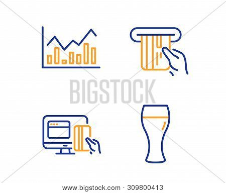 Credit Card, Infochart And Online Payment Icons Simple Set. Beer Glass Sign. Atm Payment, Stock Exch