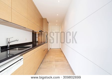Light wood kitchen with dishwasher, stove and oven. No one inside. Elegant