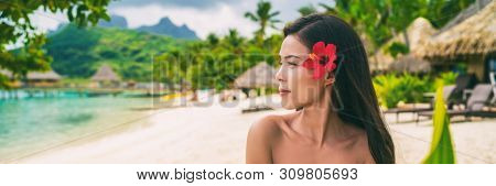 Asian natural beauty woman wellness spa skincare banner panorama on tropical beach background.