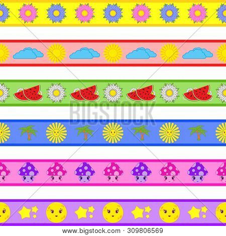 Set Of Cartoon Seamless Patterns For Adhesive Tapes, Camouflage Tapes Or Tapes Washi
