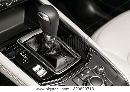 Novosibirsk, Russia - June 28, 2019:  Mazda Cx-5,  Close-up Of The Accelerator Handle And Buttons. A