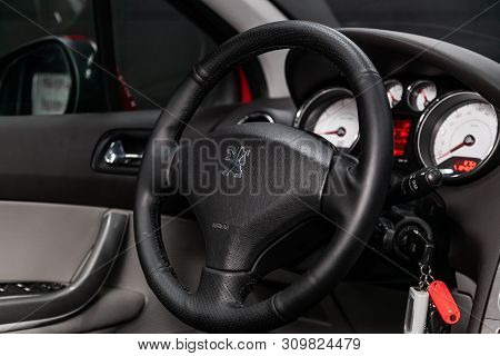 Novosibirsk, Russia - June 28, 2019: Peugeot 308, Close-up Of The Dashboard, Speedometer, Tachometer