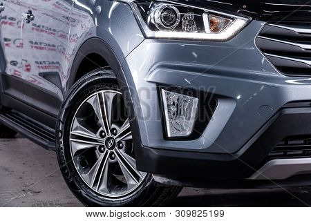 Novosibirsk, Russia - June 28, 2019: Hyundai Creta, Close-up Of The Headlight, Bumper, Wheel. Photog