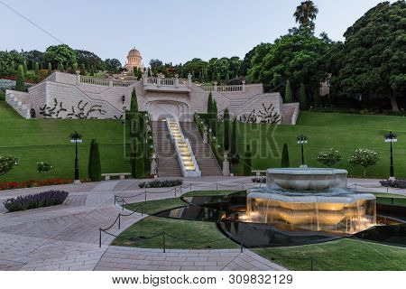 Haifa, Israel, July 04, 2019 : Sunset View From The Lower Entrance To The Bahai Garden In Haifa City